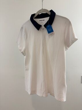 Lands' End White Short Sleeve Zip Polo with Navy Collar